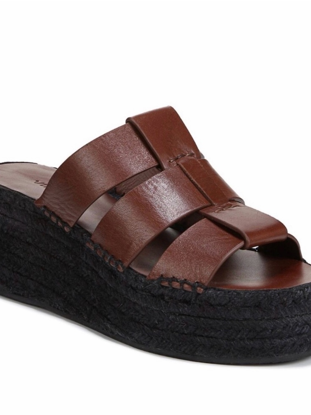 LIKE NEW Vince Brown Leather Slide Sandal with Black Espadrille Platform